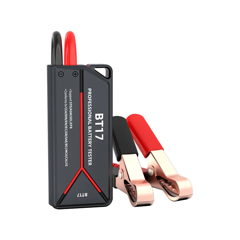 A BT17 professional Elarvo Car Battery Tester with red and black cables and matching red-and-rose-gold clamps, shown on a plain white background.