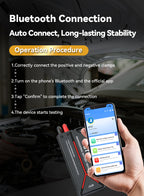 A hand holds a portable Bluetooth Elarvo Car Battery Tester with red and black clamps, shown next to a smartphone displaying a testing app. The background is a dark car engine bay with promotional text about Bluetooth connection and an operation procedure.