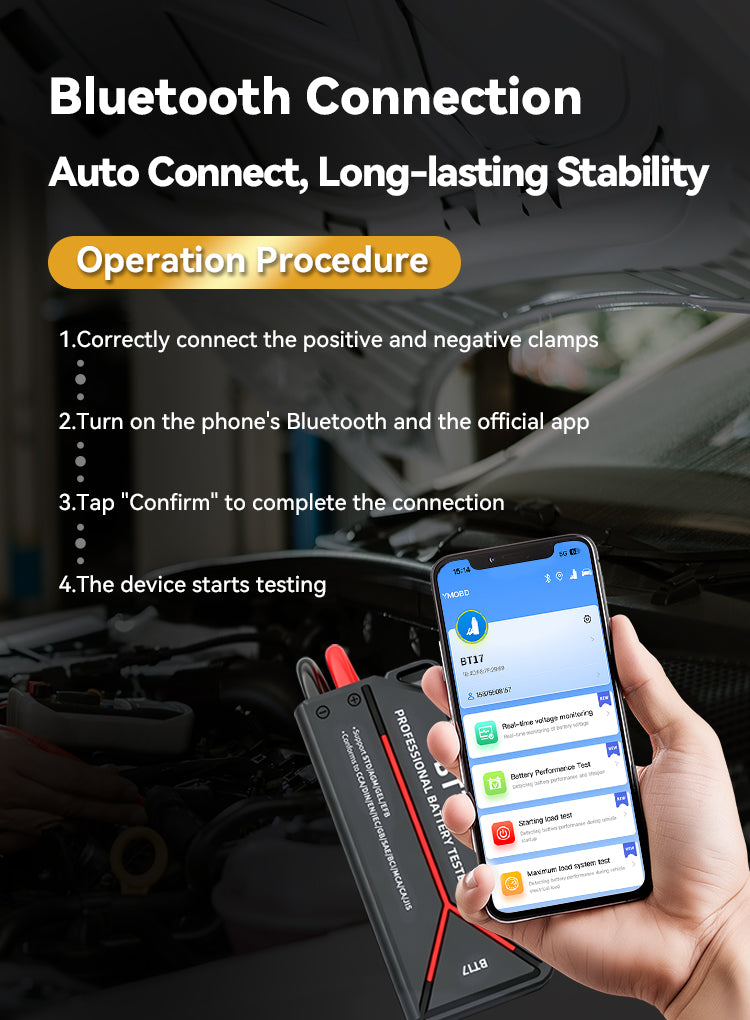A hand holds a portable Bluetooth Elarvo Car Battery Tester with red and black clamps, shown next to a smartphone displaying a testing app. The background is a dark car engine bay with promotional text about Bluetooth connection and an operation procedure.