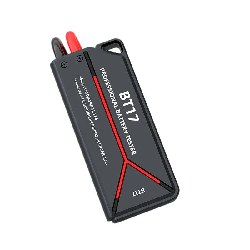 A black BT17 professional Elarvo Car Battery Tester with red accents and a red test lead, shown on a plain white background.