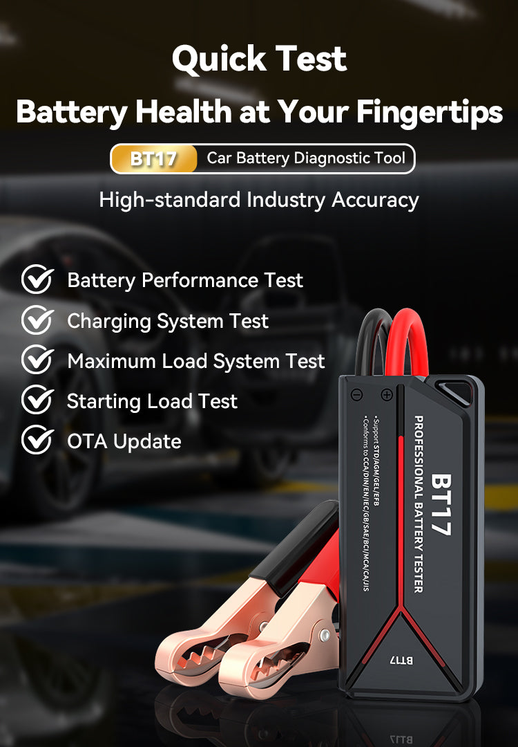 BT17 professional Elarvo Car Battery Tester tool with red and black jumper cables, displayed on a dark reflective surface with promotional text highlighting battery health testing features.