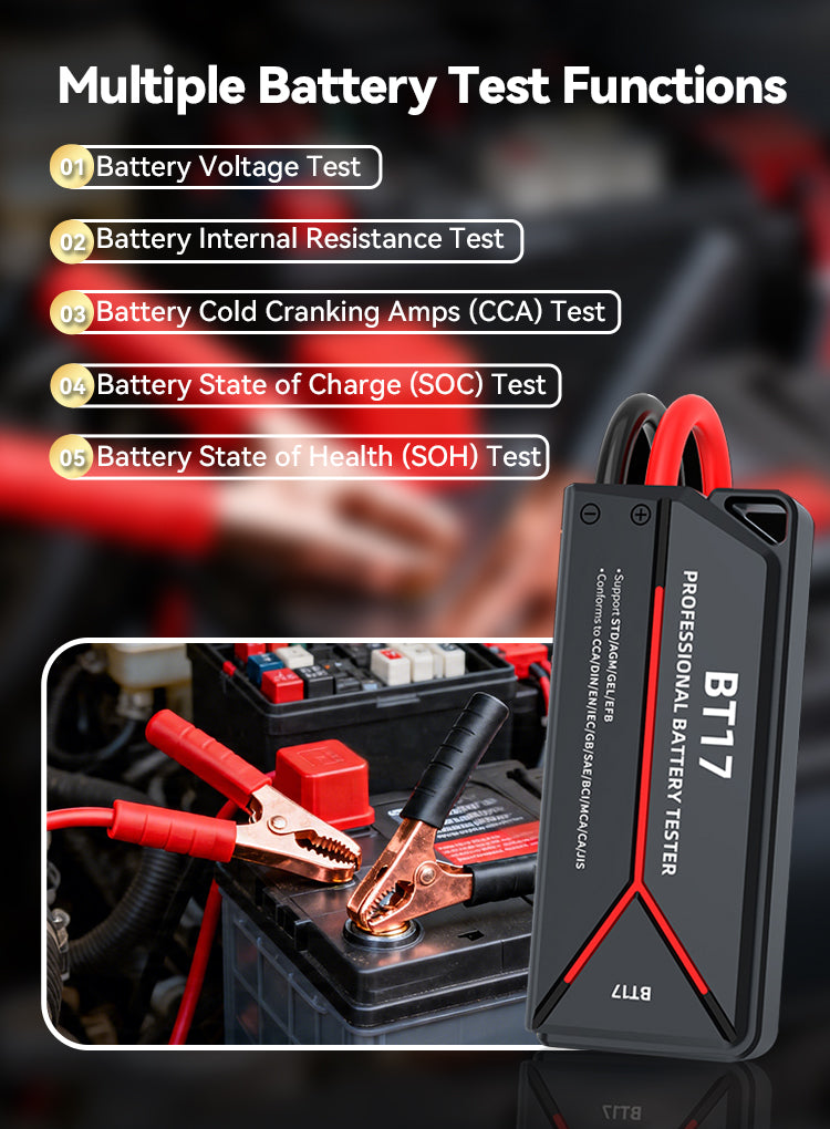 BT17 professional Elarvo Car Battery Tester shown next to a car battery with attached red and black clamps, with text highlighting multiple battery test functions.