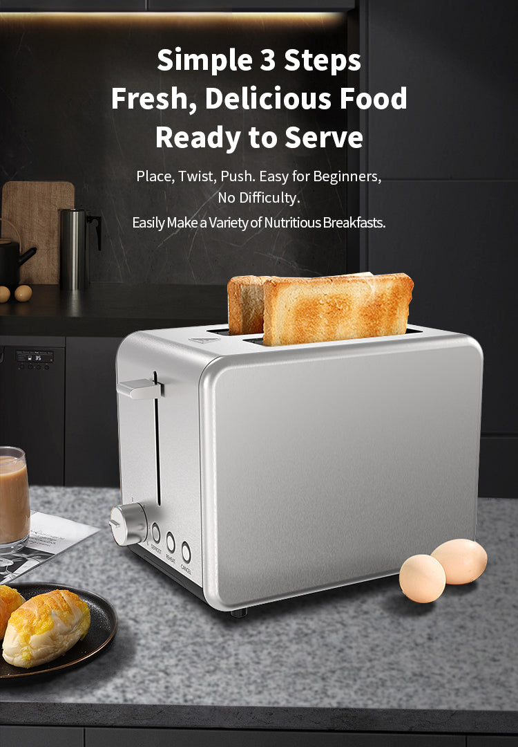 A silver Elarvo Stainless Steel 2-Slice Toaster sits on a dark countertop with two slices of toast popping out of the top. The scene includes a glass of coffee, a plate with a pastry, and two eggs on a gray stone surface, with promotional text at the top describing a simple 3-step breakfast-making process.