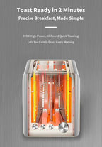 A Elarvo Stainless Steel 2-Slice Toaster with a transparent lid showing glowing orange heating elements, set against a textured gray background with promotional text at the top.