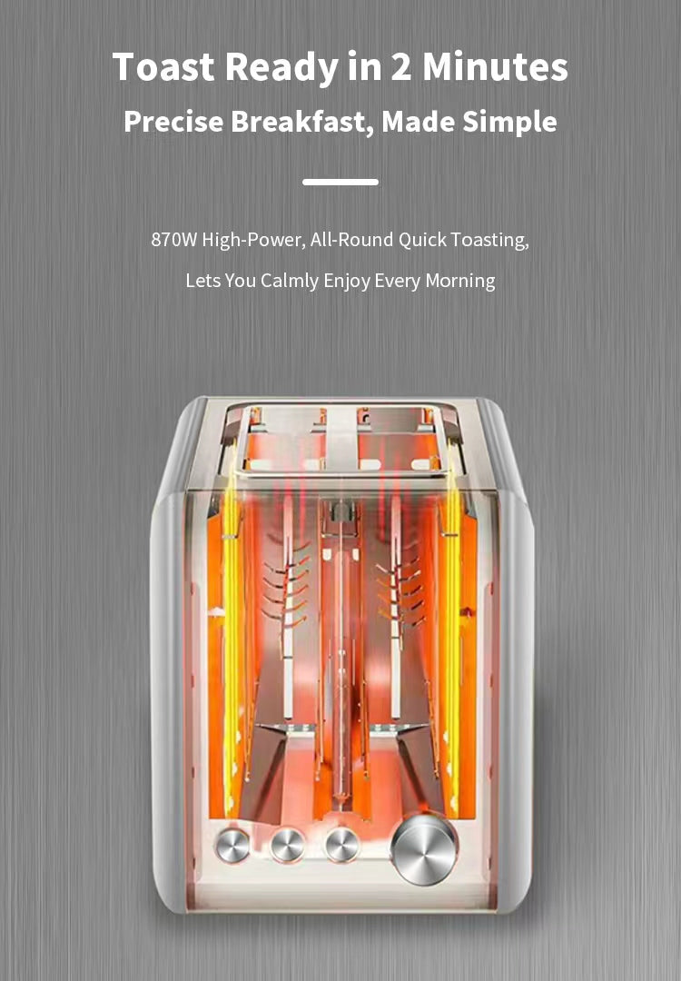 A Elarvo Stainless Steel 2-Slice Toaster with a transparent lid showing glowing orange heating elements, set against a textured gray background with promotional text at the top.