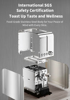 A Elarvo Stainless Steel 2-Slice Toaster shown in an exploded view with its outer panels removed to reveal the interior. The image includes promotional text at the top about SGS safety certification and food-grade stainless steel.
