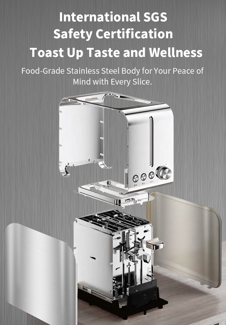 A Elarvo Stainless Steel 2-Slice Toaster shown in an exploded view with its outer panels removed to reveal the interior. The image includes promotional text at the top about SGS safety certification and food-grade stainless steel.