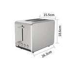 A silver metallic Elarvo Stainless Steel 2-Slice Toaster shown on a white background with dimension lines and labels indicating width 15.5cm, height 18.