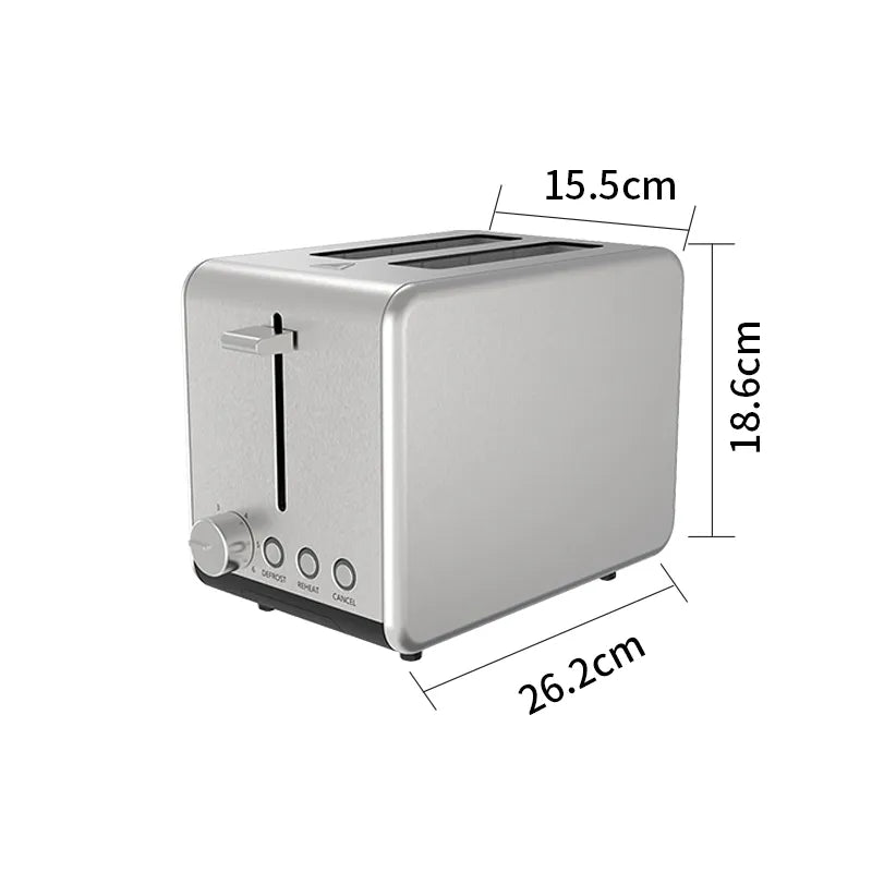 A silver metallic Elarvo Stainless Steel 2-Slice Toaster shown on a white background with dimension lines and labels indicating width 15.5cm, height 18.