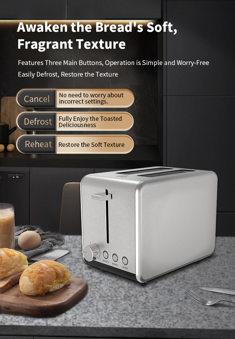 A silver multi-slot Elarvo Stainless Steel 2-Slice Toaster sits on a gray countertop in a kitchen setting, with bread and an egg nearby. The image includes promotional text overlays describing the toaster's features such as awakening bread texture, cancel, defrost, and reheat functions.