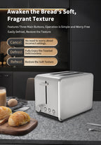 A silver multi-slot Elarvo Stainless Steel 2-Slice Toaster sits on a gray countertop in a kitchen setting, with bread and an egg nearby. The image includes promotional text overlays describing the toaster's features such as awakening bread texture, cancel, defrost, and reheat functions.