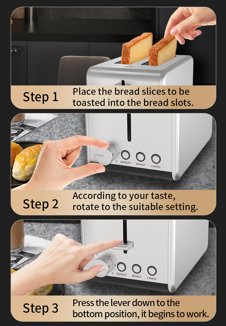 Three-panel instructional graphic showing how to use a silver toaster: Step 1 shows bread slices being placed into the toaster slots by a hand, Step 2 shows a hand adjusting the dial, and Step 3 shows a hand pressing the lever down to start the toaster.