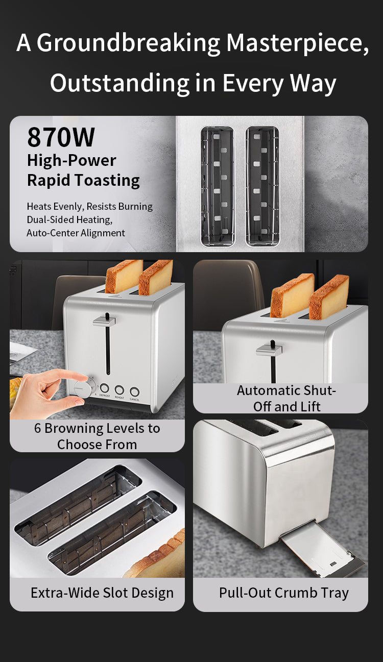 A promotional infographic for a 870W high-power rapid toaster, showing multiple product views and feature callouts on a dark background. The collage includes the toaster with bread slices, close-ups of the slots and crumb tray, a hand pressing a button, and text highlighting features such as automatic shut-off, 6 browning levels, extra-wide slot design, and pull-out crumb tray.