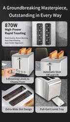 A promotional infographic for a 870W high-power rapid toaster, showing multiple product views and feature callouts on a dark background. The collage includes the toaster with bread slices, close-ups of the slots and crumb tray, a hand pressing a button, and text highlighting features such as automatic shut-off, 6 browning levels, extra-wide slot design, and pull-out crumb tray.
