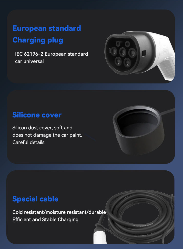 A promotional graphic for an Elarvo Type 2 EV Charging Cable charging plug set, showing three product components with text callouts: a European standard charging plug, a black silicone dust cover, and a black charging cable. The background is a dark blue-to-black gradient with blue text labels.
