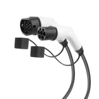 White and black Elarvo Type 2 EV Charging Cable connector with two black protective caps and a black cable, shown on a plain white background.