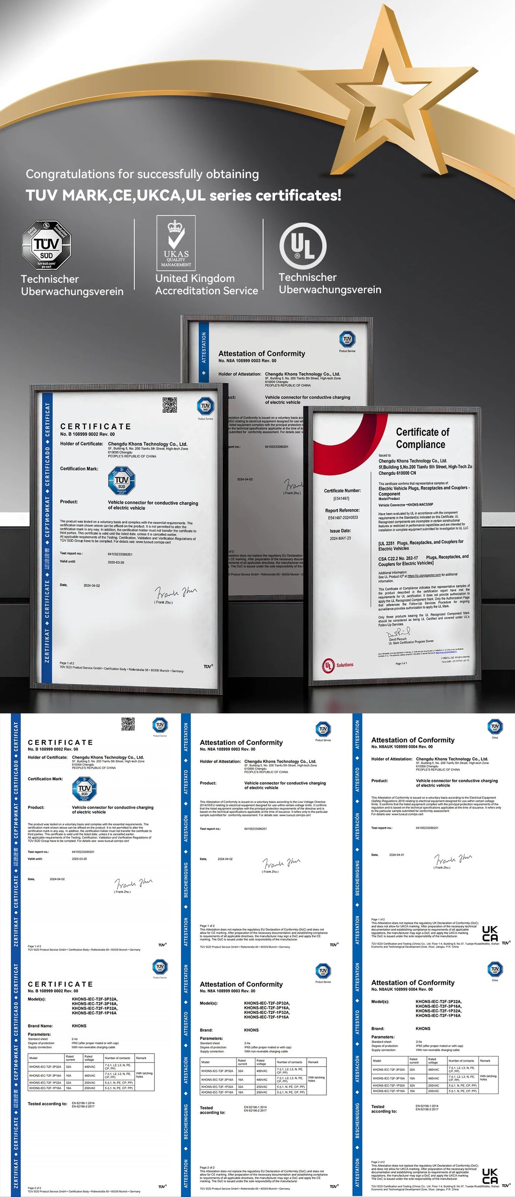 A promotional graphic showing several TÜV certification certificates and logos arranged on a dark background with a gold star at the top. The image appears to advertise certification services or documentation rather than a physical retail product, so subject_type is best classified as Other.