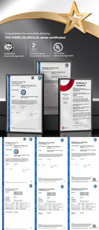 A promotional graphic showing several TÜV certification certificates and logos arranged on a dark background with a gold star at the top. The image appears to advertise certification services or documentation rather than a physical retail product, so subject_type is best classified as Other.