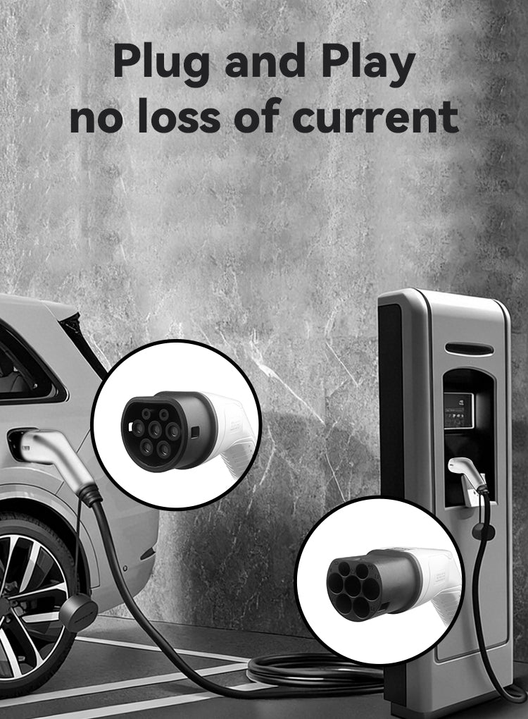 An Elarvo Type 2 EV Charging Cable station setup with a charging connector plugged into a charging port, shown alongside circular close-up insets of the connector. Text at the top reads 'Plug and Play no loss of current' against a textured gray wall background.