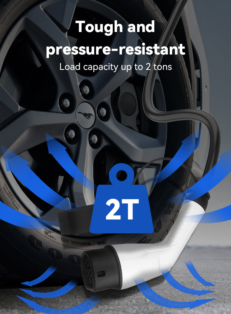 A close-up promotional graphic showing a black and white electric vehicle charging cable wrapped around a car wheel, with blue arrows and a blue weight icon labeled 2T. Text reads 'Tough and pressure-resistant' and 'Load capacity up to 2 tons.