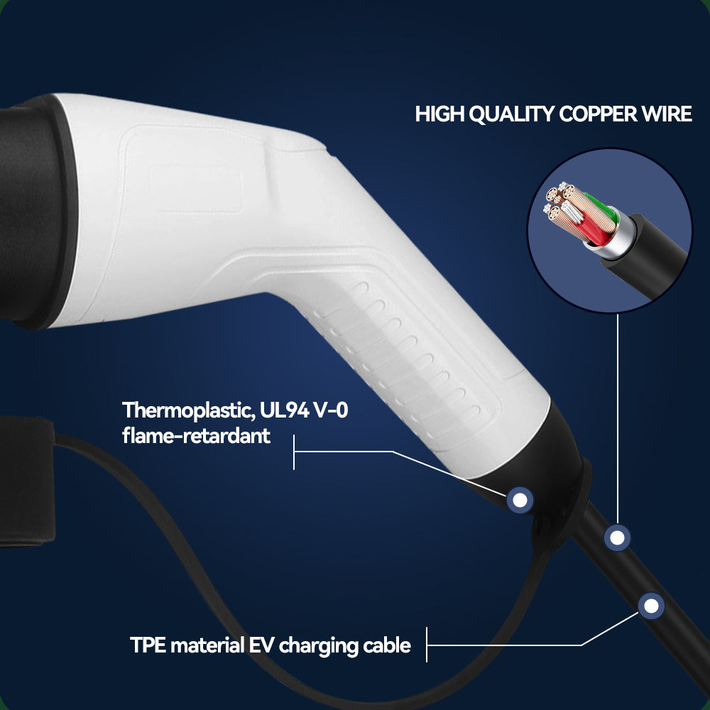 White and black Elarvo Type 2 EV Charging Cable connector with callout text highlighting high quality copper wire, thermoplastic UL94 V-0 flame-retardant material, and TPE material EV charging cable on a dark blue background.