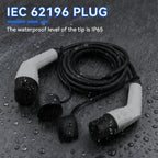 IEC 62196 Elarvo Type 2 EV Charging Cable plug cable with white and black connectors, coiled and shown with raindrops on a dark wet surface. Text at the top reads 'IEC 62196 PLUG' and 'The waterproof level of the tip is IP65'.