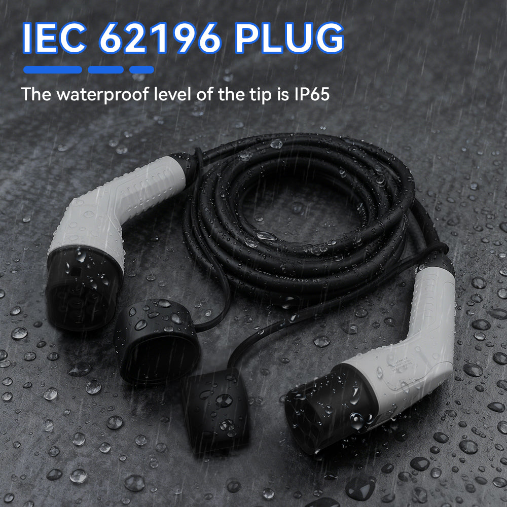 IEC 62196 Elarvo Type 2 EV Charging Cable plug cable with white and black connectors, coiled and shown with raindrops on a dark wet surface. Text at the top reads 'IEC 62196 PLUG' and 'The waterproof level of the tip is IP65'.