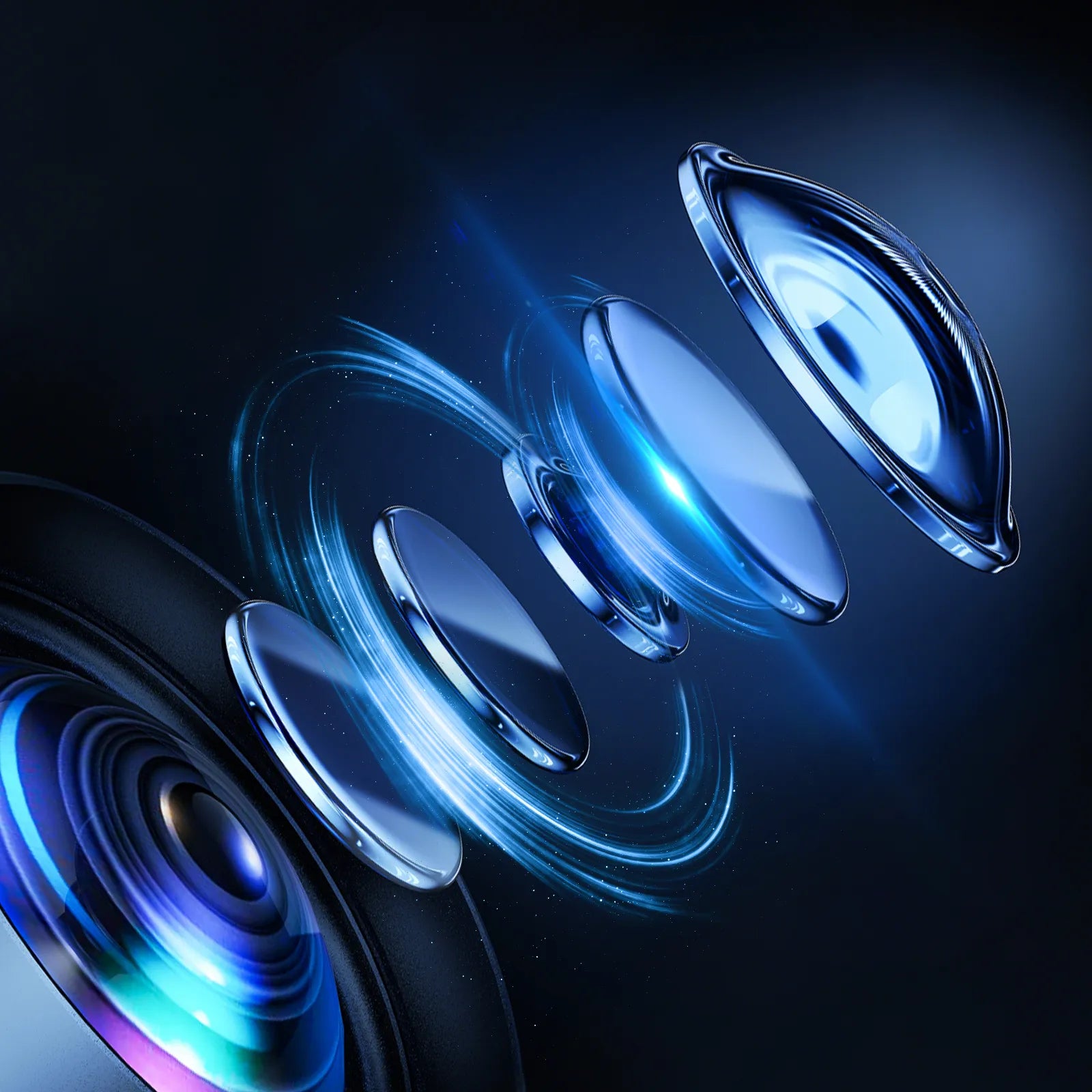 Close-up of a Evove Mini Portable Projector lens with blue and purple lighting on a dark background