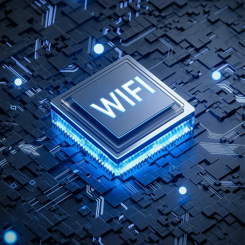 Microchip with 'WIFI' text on a circuit board background