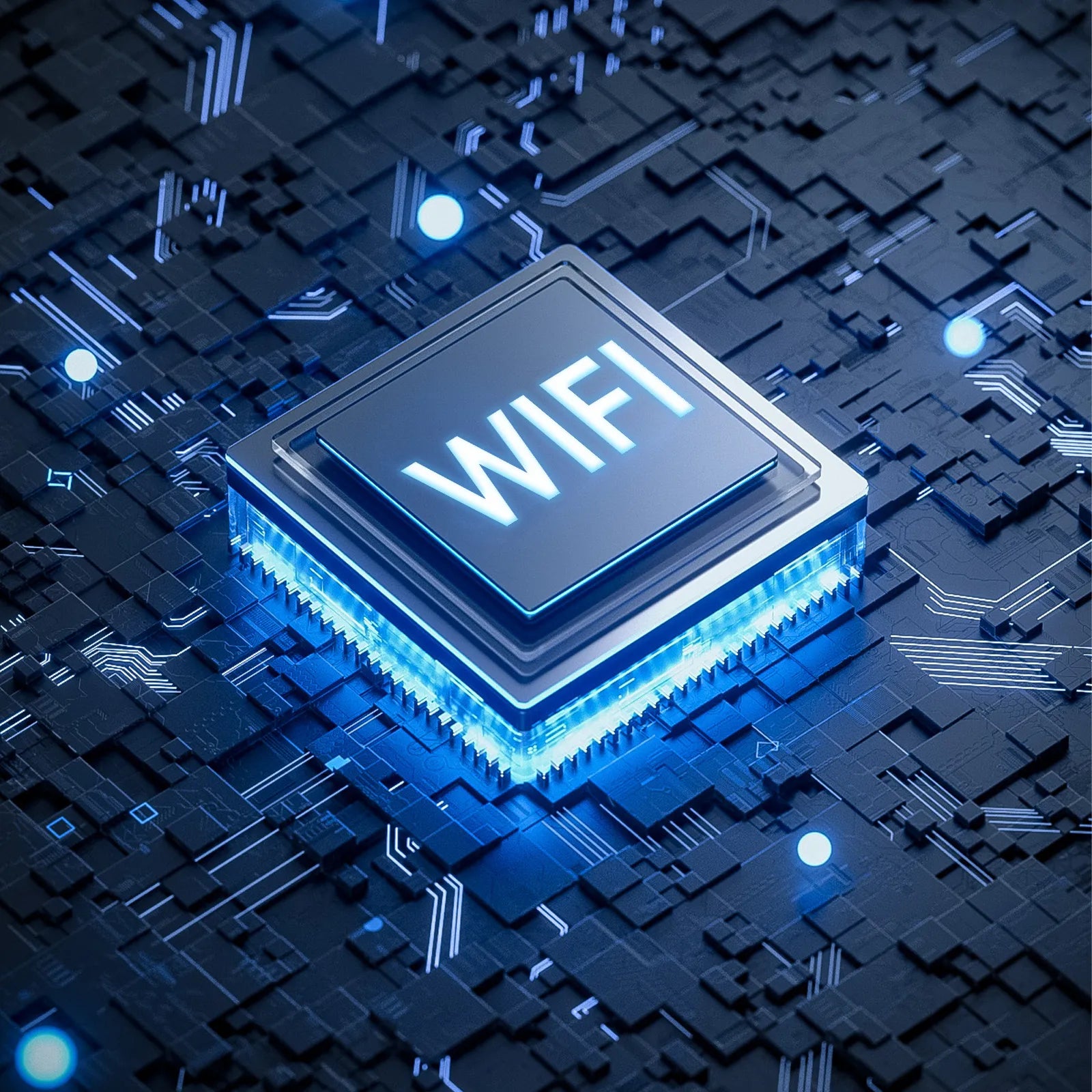 Microchip with 'WIFI' text on a circuit board background