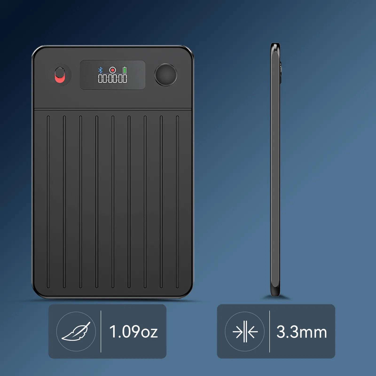 Black Evove Al Smart Voice Recorder with display and buttons on a blue background