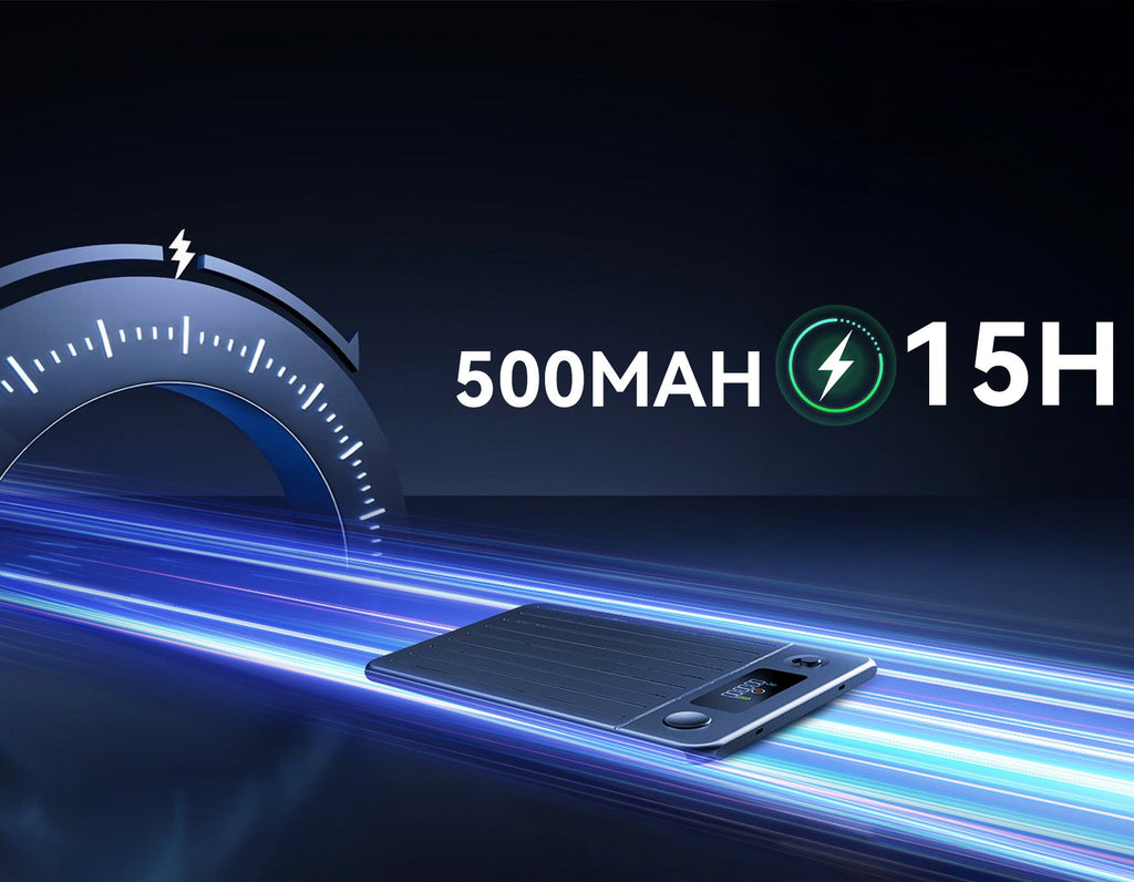 Evove Al Smart Voice Recorder with charging indicators and battery specifications on a dark background