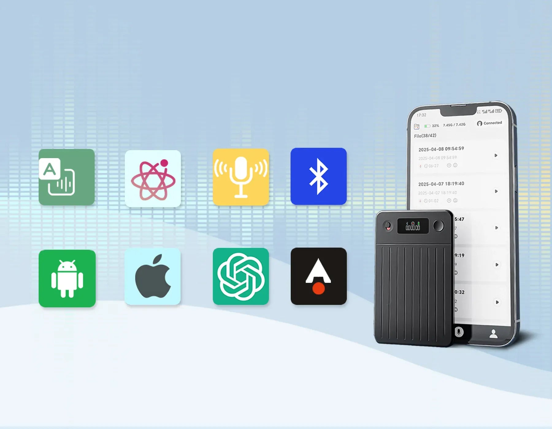 Smartphone next to Evove Al Smart Voice Recorder with app icons on a blue background