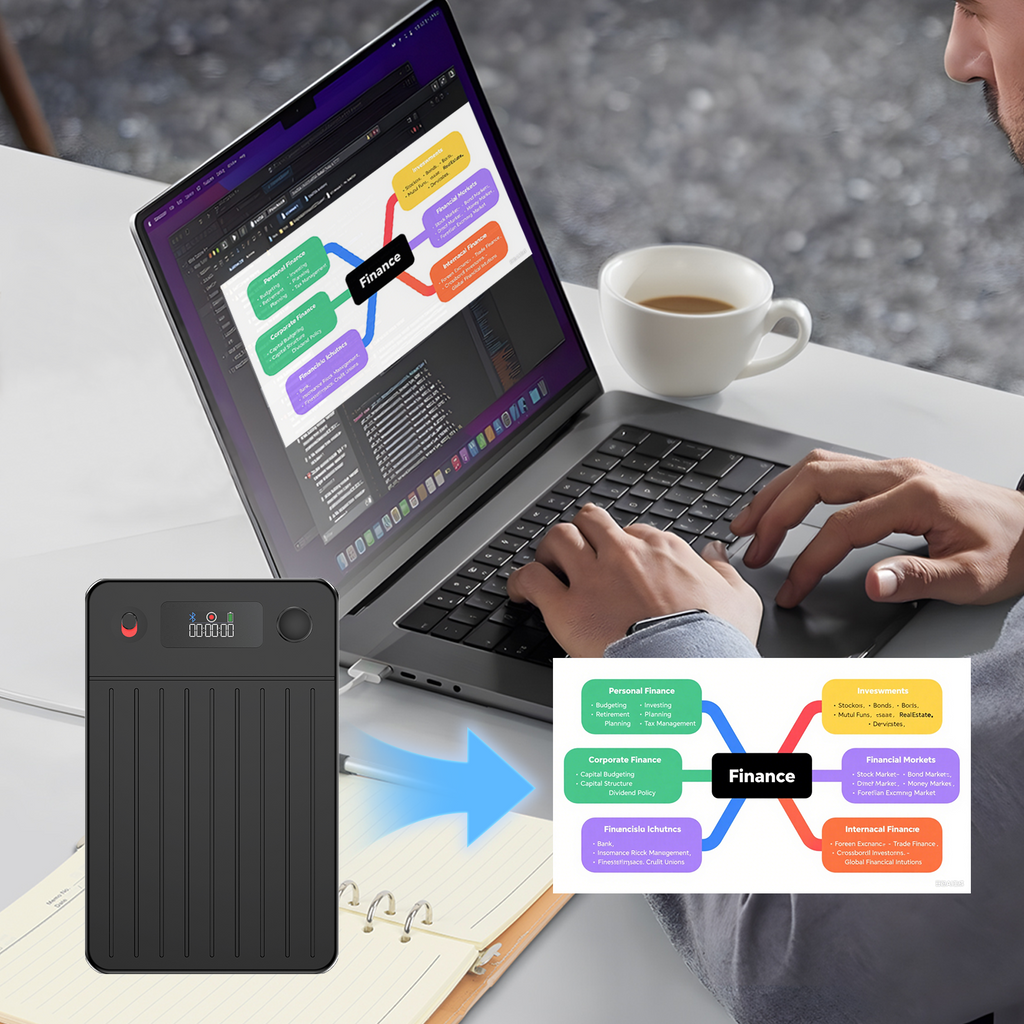 Person using a laptop with a mind map on screen, next to a black Evove Al Smart Voice Recorder and another mind map graphic.