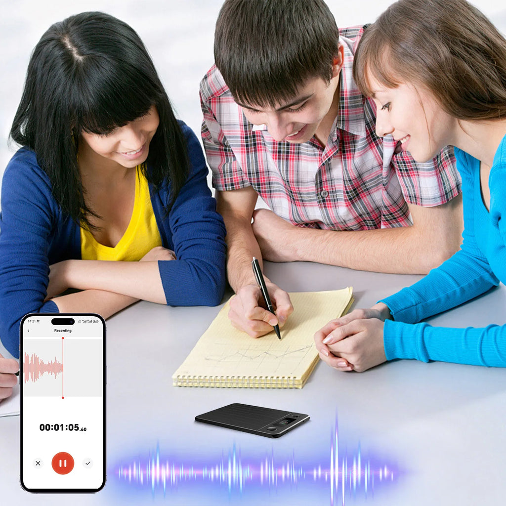 Three people sitting around a table with a smartphone, Evove Al Smart Voice Recorder, and stylus, indicating a collaborative activity.