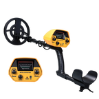 Yellow Evove Metal Detector with black coil on a white background