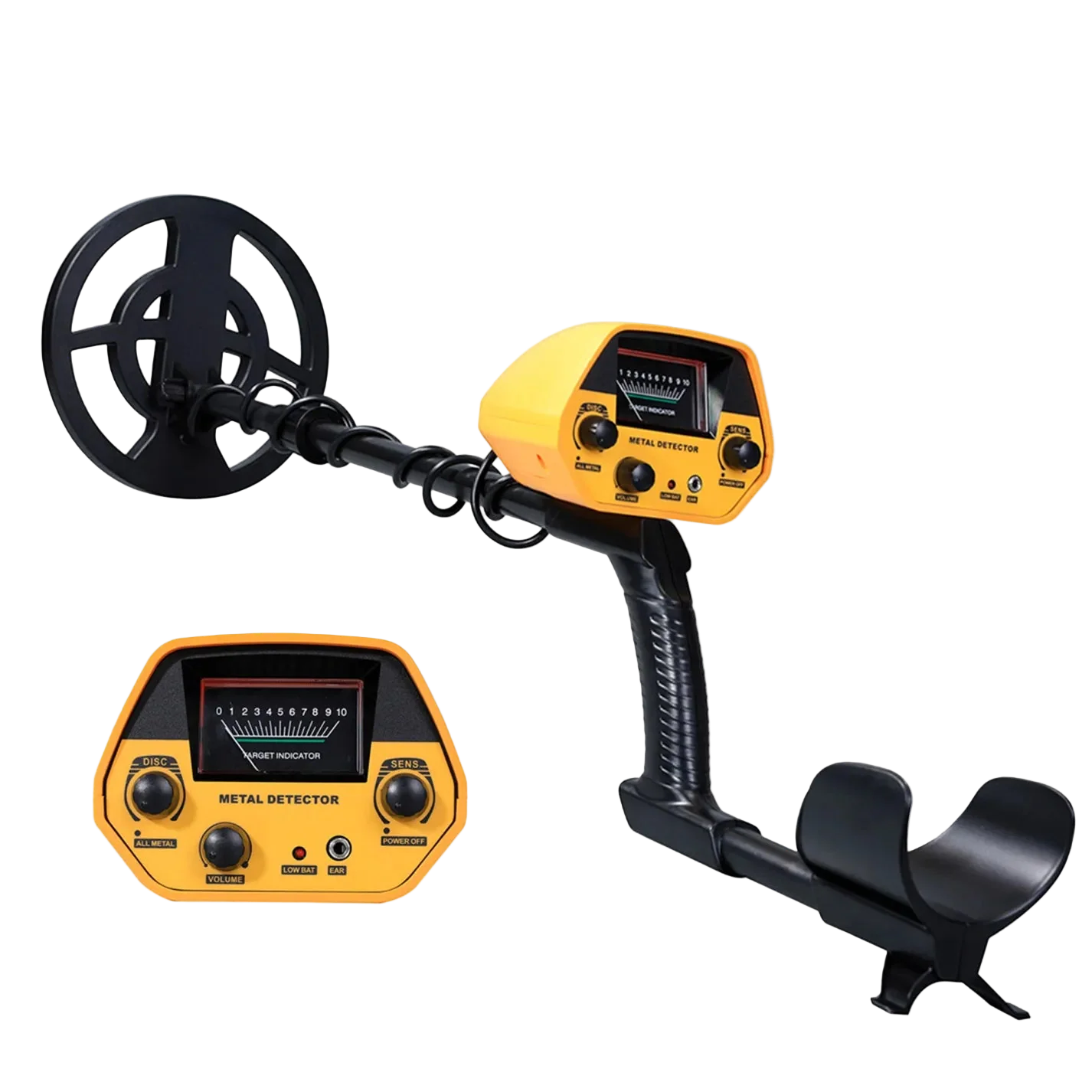 Yellow Evove Metal Detector with black coil on a white background