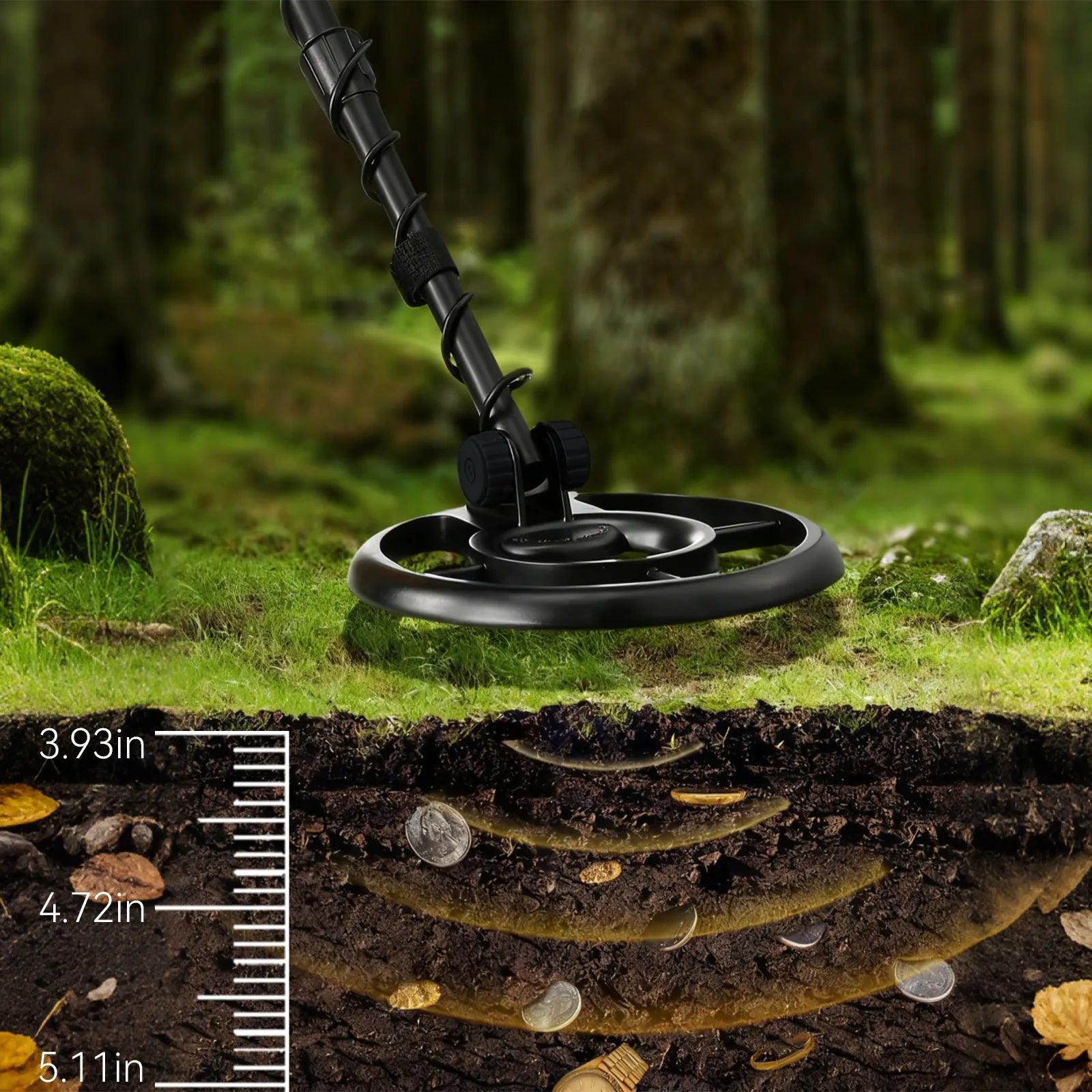 Evove Metal Detector on grass with a cross-sectional view of the ground showing coins and measurements.