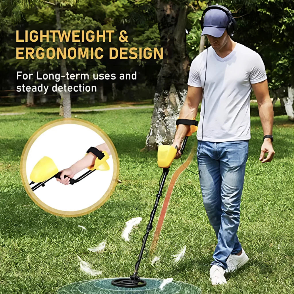 Person using a Evove Metal Detector in a grassy area with text about its design and use.