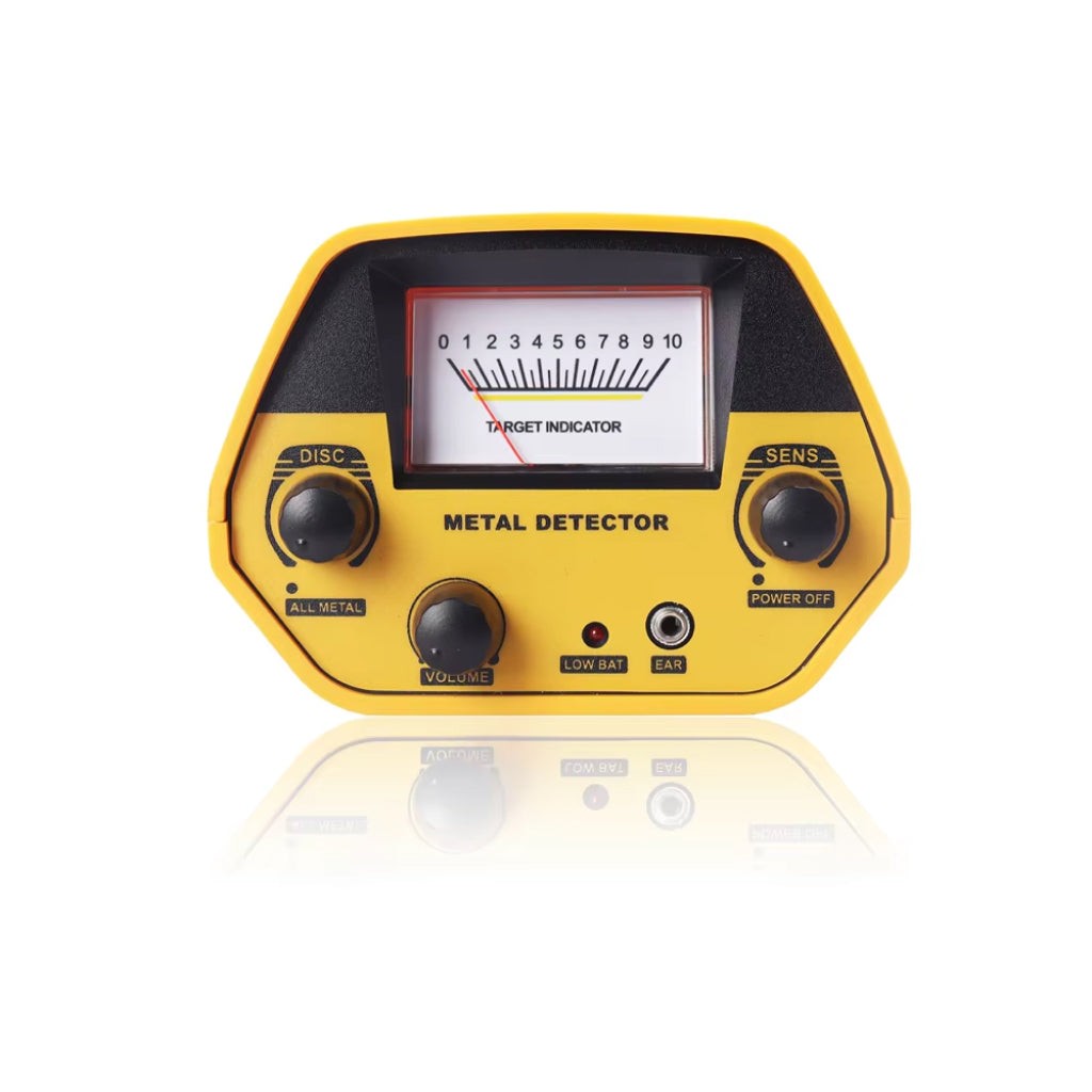 Yellow Evove Metal Detector with a target indicator on a white background