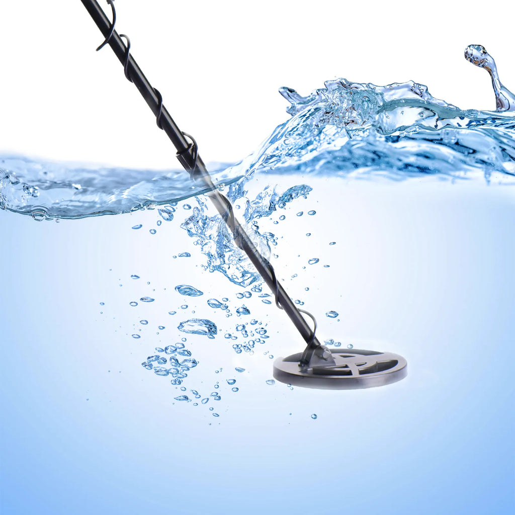 Evove Metal Detector partially submerged in water with splashes around it.