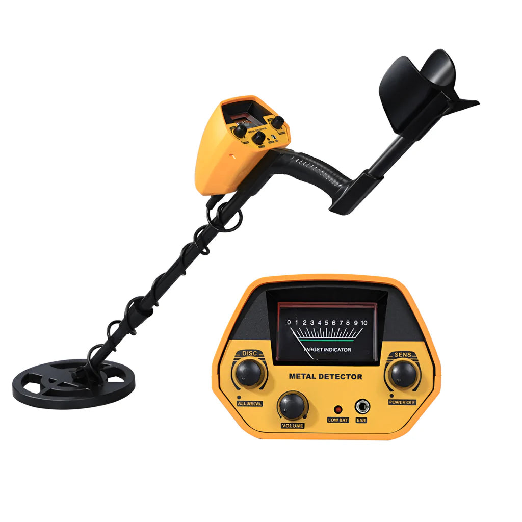 Yellow Evove Metal Detector with black handle on a white background