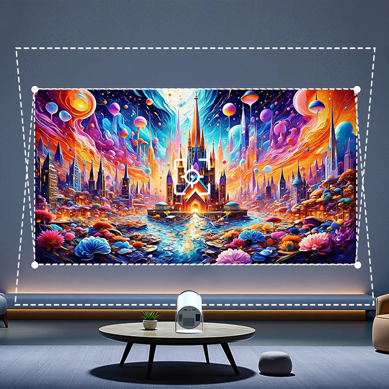 Colorful futuristic cityscape painting on a wall in a modern room.