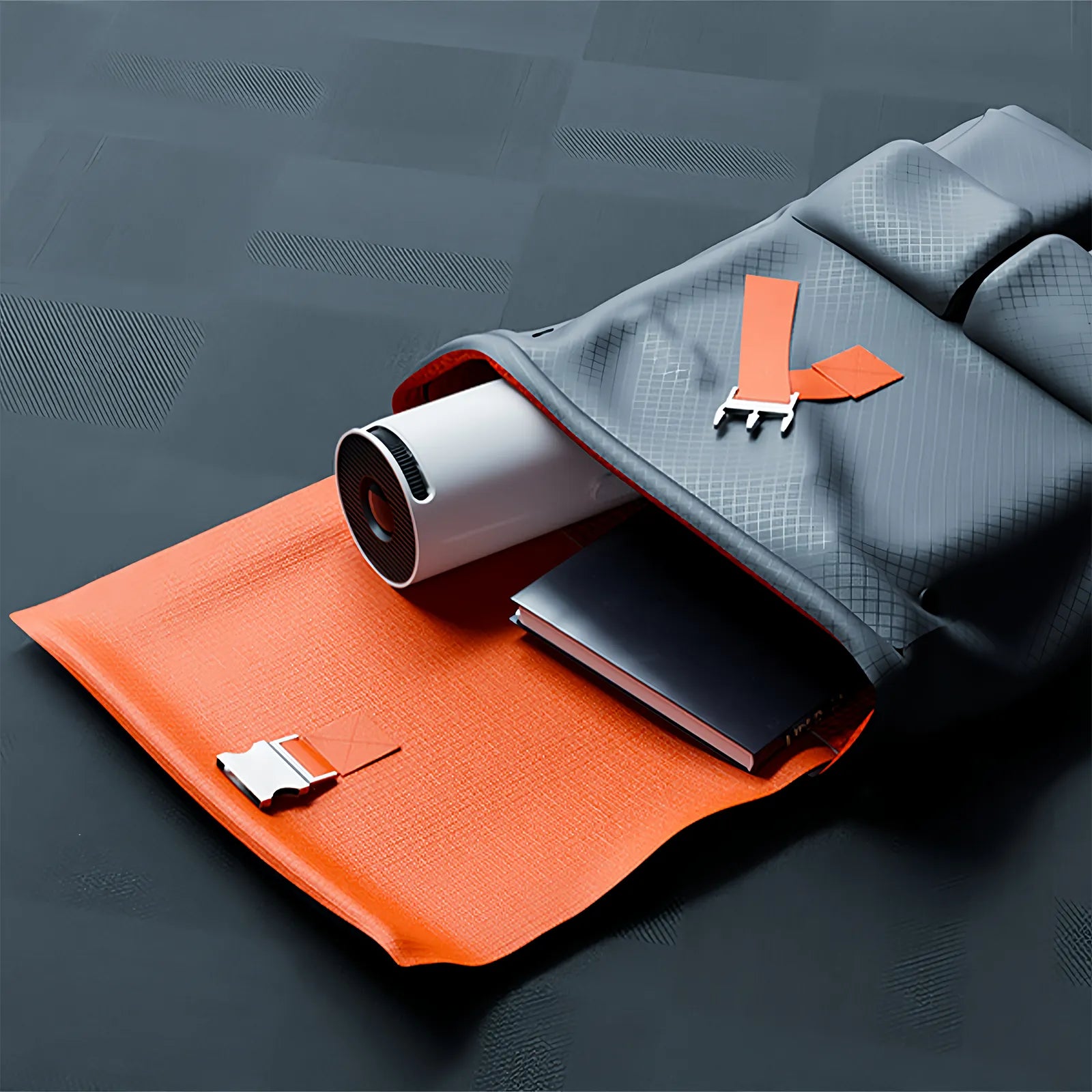 Gray and orange mat with a Evove Mini Portable Projector object on a dark textured background