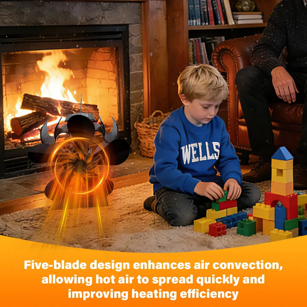 Child playing with building blocks in front of a fireplace, with text about heating efficiency.