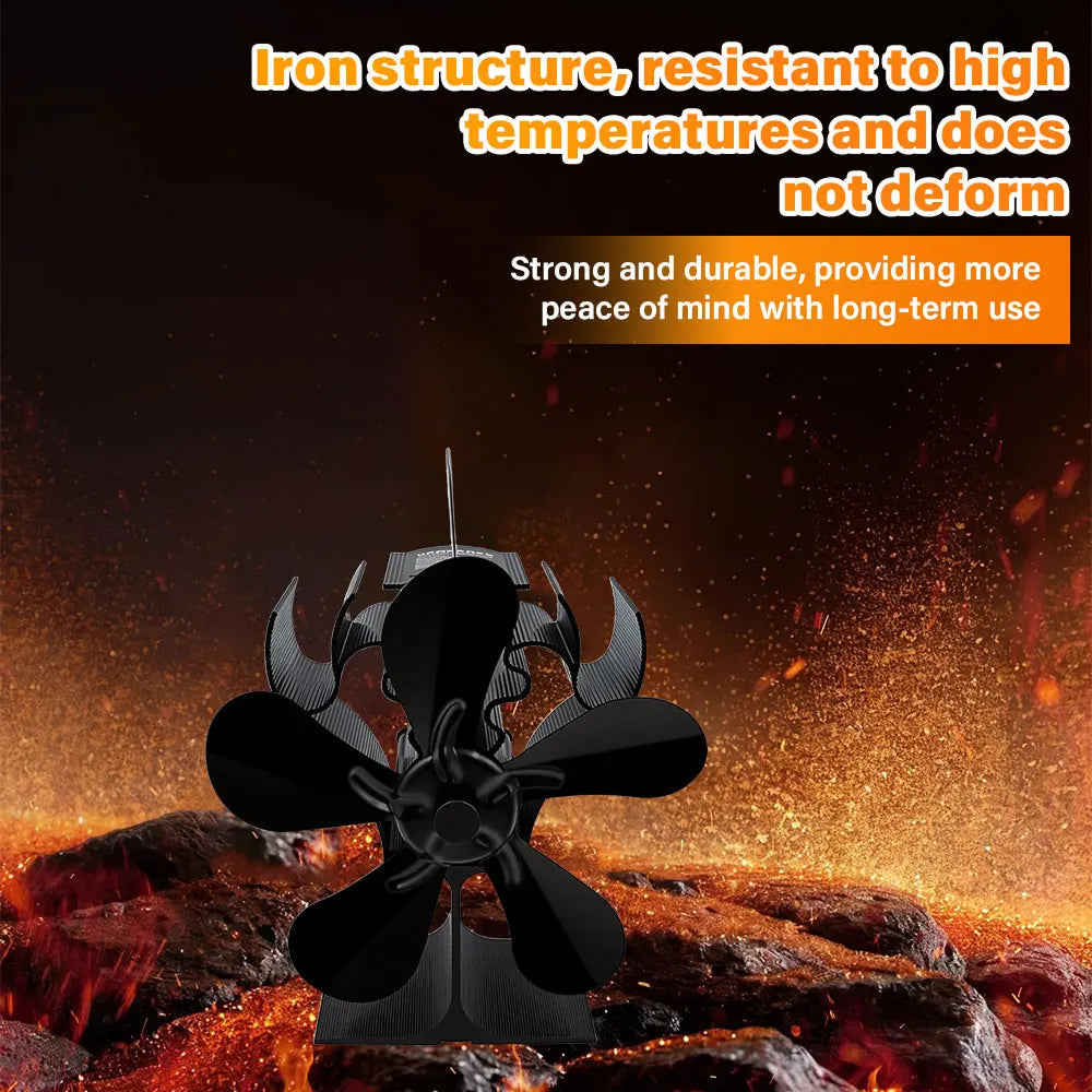 A black multi-blade Ferviax Stove Fan or propeller-style product shown against a dramatic fiery background with text overlays claiming high temperature resistance and durability.