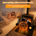 People lying in bed with a fireplace in the foreground, text about quiet operation and suitability for bedrooms and living rooms.