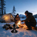 Two people by a campfire with a tent and snowy landscape at night.