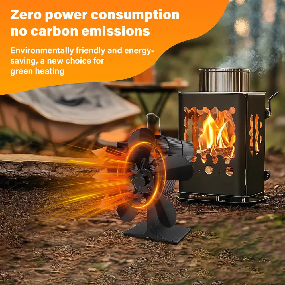 Portable Ferviax Stove Fan with flames and text about zero power consumption and carbon emissions.