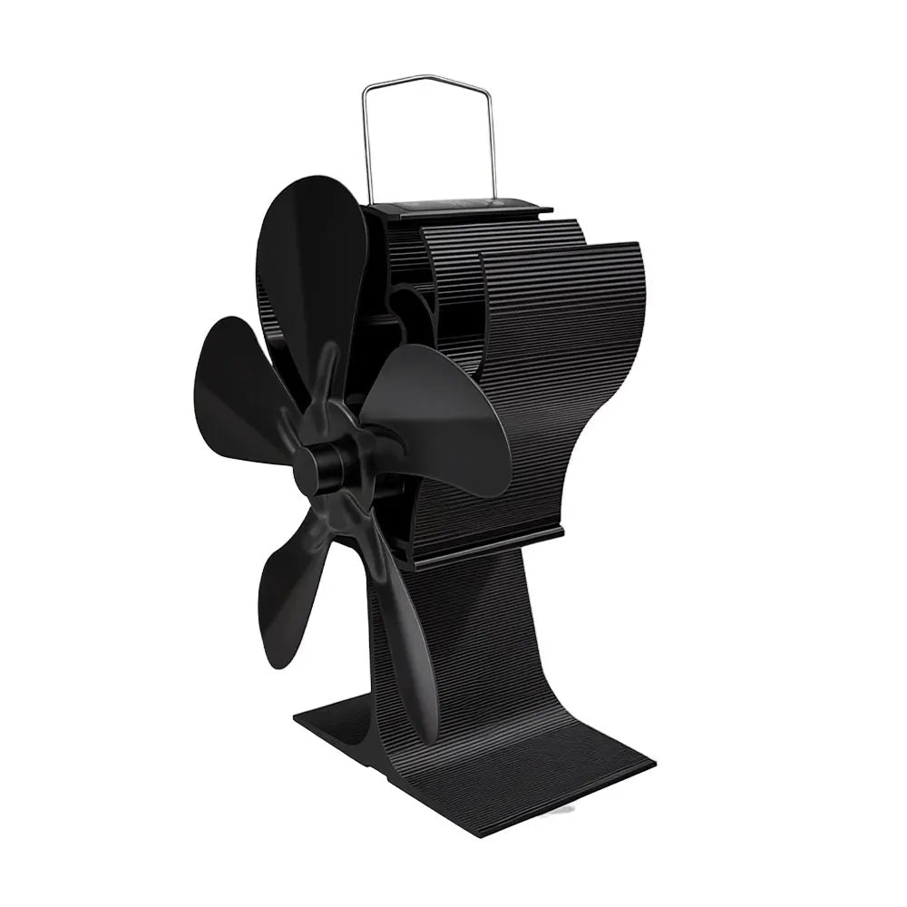 A black metal wind-up fan with a ribbed body, four blades, and a silver carrying handle, shown on a plain white background.